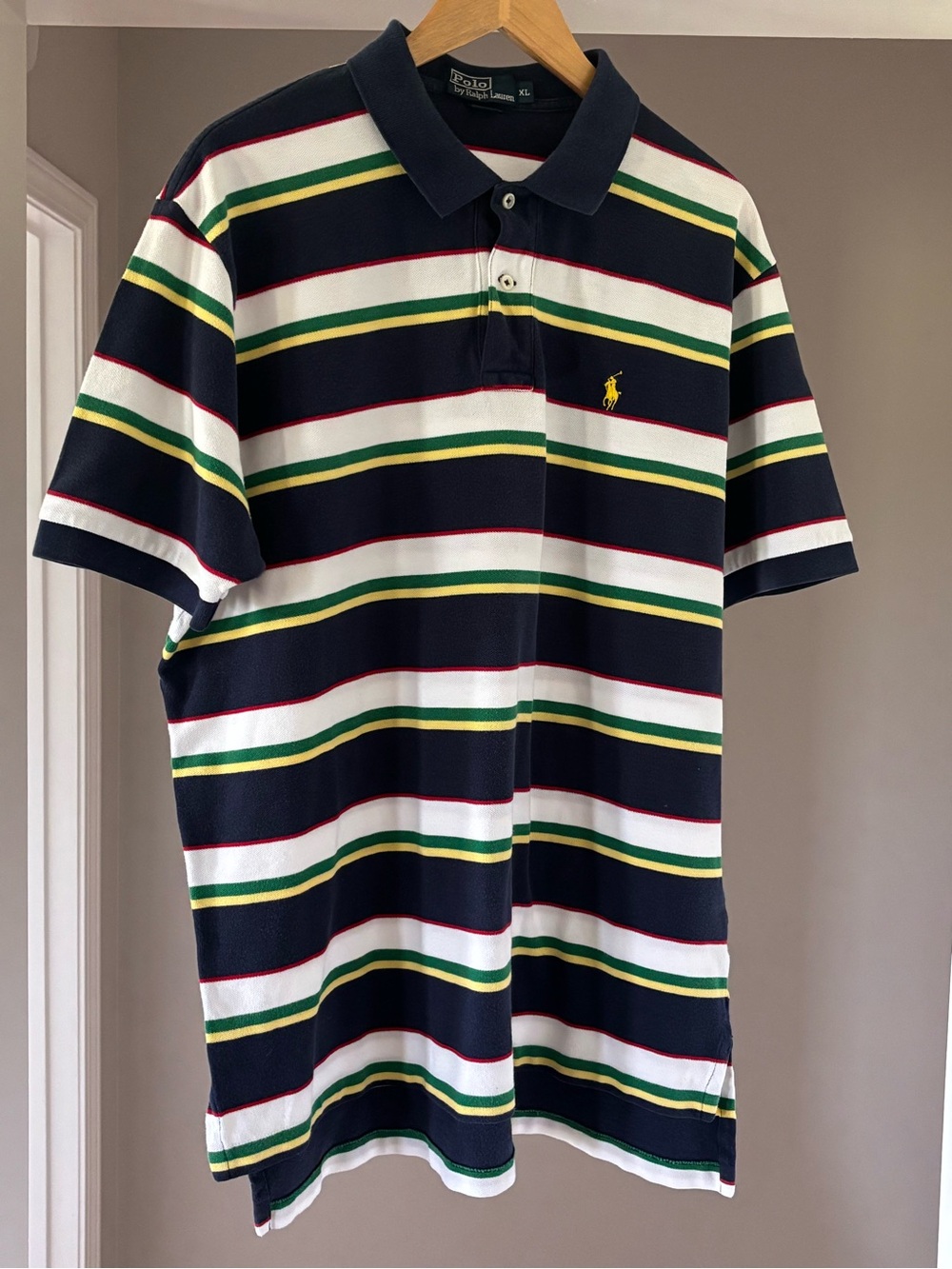 Ralph Lauren Navy Polo with White, Green & Red Stripes